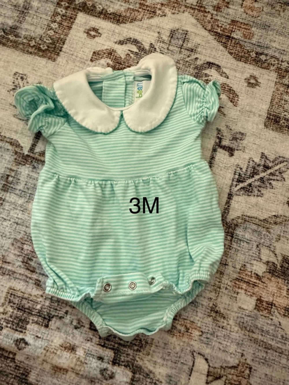 Baby Girls Mint Stripe One-Piece Romper with Peter Pan Collar - 3M